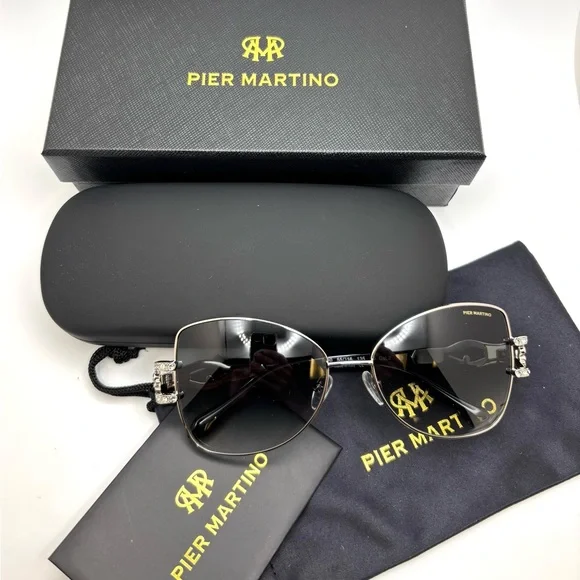 Pier Martino Silver Metal Butterfly Sunglasses Black temples/inset crystals